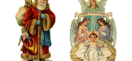 Joulupukki ja pieni Jeesus-vauva enkelien kera. Vanhoja kiiltokuvia.