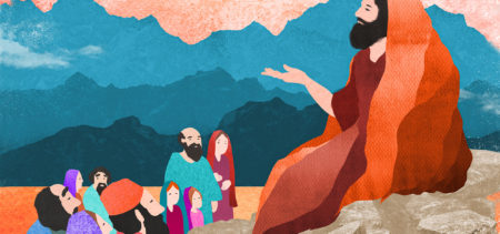 Jeesus istuu kiven päällä oikea käsi yläviistossa. Opetuslapset kuuntelevat Jeesusta hänen edessään. Kuvitus: Antti Yrjölä.
