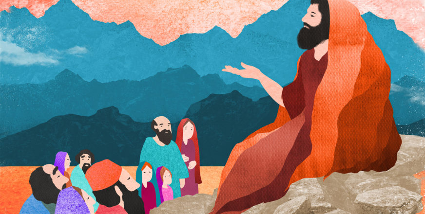 Jeesus istuu kiven päällä oikea käsi yläviistossa. Opetuslapset kuuntelevat Jeesusta hänen edessään. Kuvitus: Antti Yrjölä.