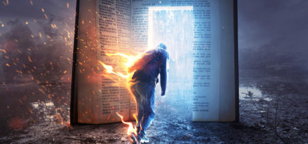 Kuvituskuva. Mies kävelee selkä tulessa kohti Raamattua, jonka takana näkyy vesisade.