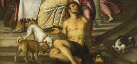 Yksityiskohta maalauksesta. Lattialla makaa puolipukeinen mies, jonka haavoja koirat nuolevat.