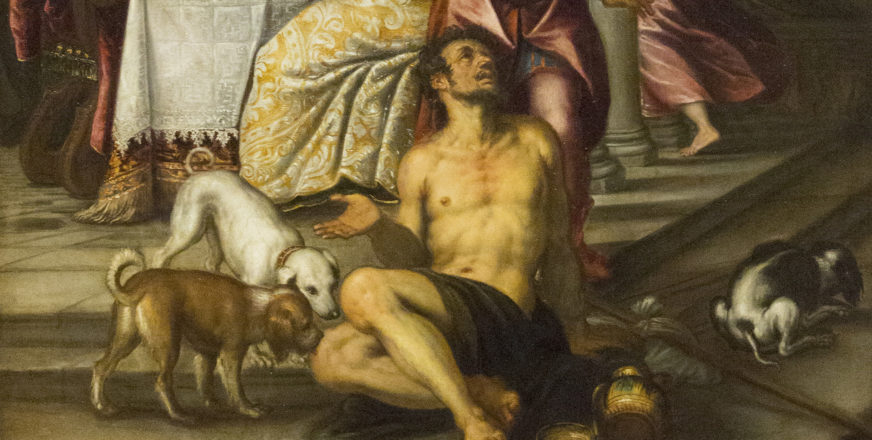 Yksityiskohta maalauksesta. Lattialla makaa puolipukeinen mies, jonka haavoja koirat nuolevat.