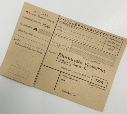 Valokuva vanhasta Siunausta Koteihin -tilauskortista.