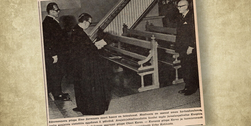 Kuva vanhasta Kirkko ja koti -lehdestä, kuvassa mm. presidentti Urho Kekkonen