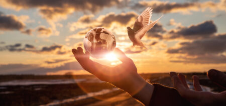 Kämmenellä maapallo, jota kohti lentää kyyhkynen. Aurinko paistaa takaa.