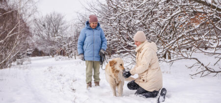 Kaksi ihmistä ja koira lumisella pihalla.