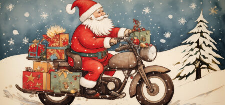 Piirretty joulukortti, jossa joulupukki ajaa moottoripyörällä lahjakasa kyydissään. Taustalla tähtitaivas ja talvinen maisema.