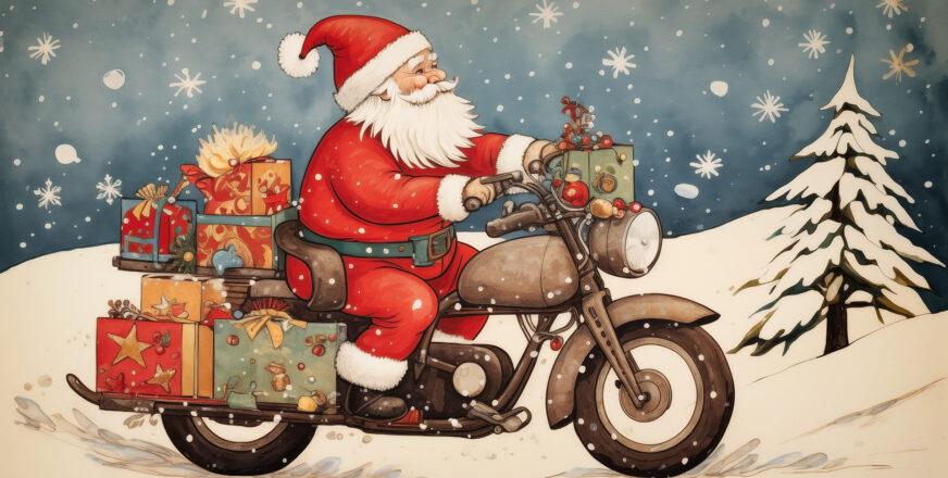 Piirretty joulukortti, jossa joulupukki ajaa moottoripyörällä lahjakasa kyydissään. Taustalla tähtitaivas ja talvinen maisema.