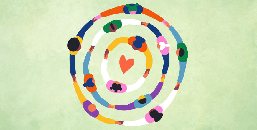 Piirroskuva, jossa monta sisäkkäistä ympyrää toisiaan käsistä kiinni pitävistä ihmisistä. Ringin keskellä sydän.